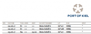 Ein Ausriss aus der Kieler-Anlaufliste zur Mein Schiff 6. Foto: Screenshot