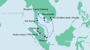 Eine der Routen durch Südostasien mit AIDAbella. Karte: AIDA Cruises