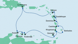 Die Häfen der Reise ab Barbados, Castries, Dominica, Guadeloupe, Antigua, La Romana, Aruba, Curaçao, Kralendijk, Grenada, Kingstown, Barbados. Karte: AIDA Cruises