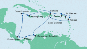 Häfen dieser Route ab Santo Domingo, Cartagena/Kolumbien, Colon, Puerto Limon, Grand Cayman, Montego Bay, Samaná, Tortola, St. Maarten, Antigua, Santo Domingo. Karte: AIDA Cruises