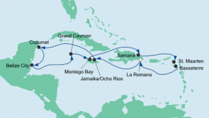 Die Reiseroute der Reise Karibik und Mexiko 1 mit der AIDAluna. Karte: AIDA Cruises