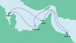 Die Häfen der Route: Abu Dhabi, Kalifa Bin Salman, Dubai, Muscat, Abu Dhabi. Karte: AIDA Cruises