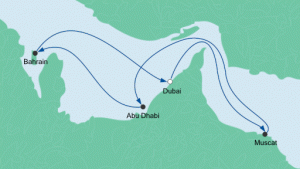Eine Orient-Kreuzfahrt mit Abu Dhabi und Dubai. Karte: AIDA Cruises