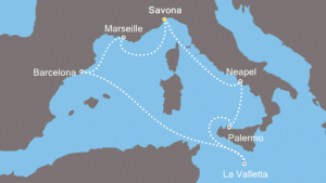 Traumhafte Costa Kreuzfahrt im westlichen Mittelmeer. Karte: Costa
