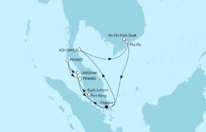 Die Route in Asien mit Vietnam und Malaysia. Foto: Screenshot TUICruises.com