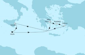 Nur wenige Schiffe laufen in diesem Jahr die Türkei an. Auf dieser Tour durchs östliche Mittelmeer ist Bodrum dabei. Karte: TUI Cruises