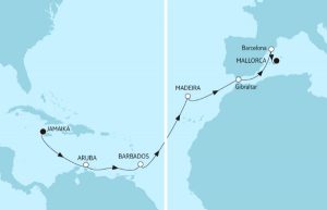 Jamaika trifft Mallorca. Transatlantik-Reise mit der Mein Schiff 4. Karte: TUI Cruises