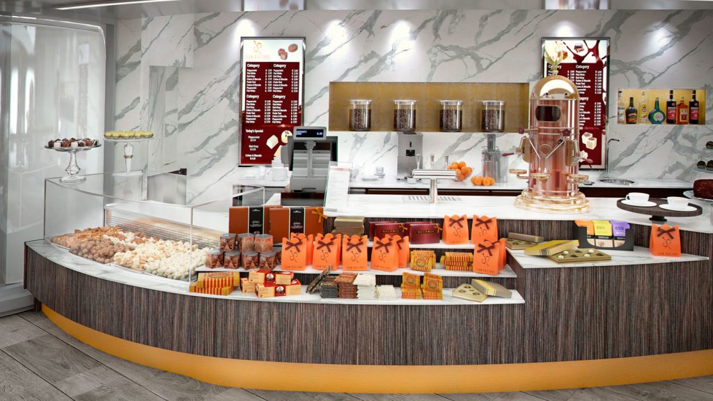 Die offene Schokoladen-Manufaktur ist der perfekte Ort für einen süßen Snack. Gäste genießen hausgemachte Schokoladen-Spezialitäten des Meisterpatissiers Jean-Philippe Maury an der einladenden Promenade auf den Schiffen der Meraviglia-Klasse. 