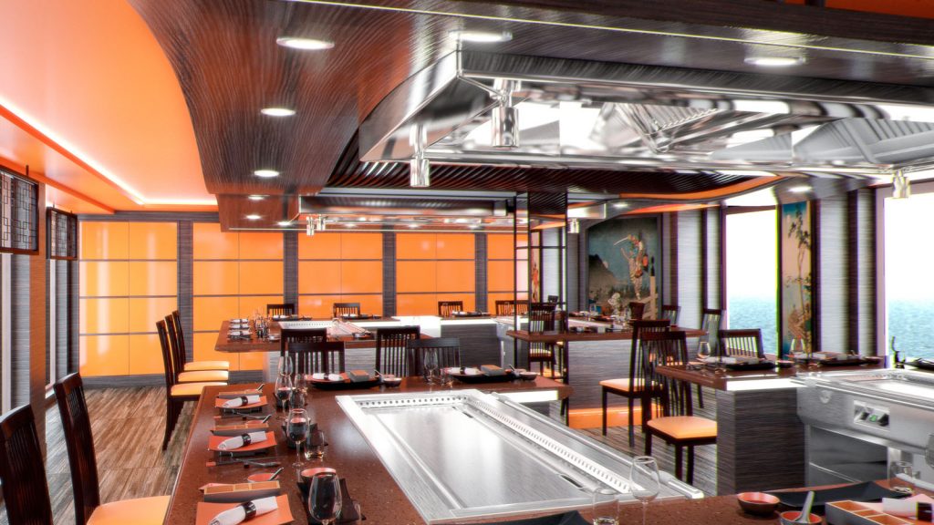 An Bord der MSC Meraviglia können Gäste des Kaito Teppanyaki Restaurants an vier Kochinseln mit offenem Grill dabei zusehen, wie die japanischen Köstlichkeiten zubereitet werden. Foto: MSC Kreuzfahrten